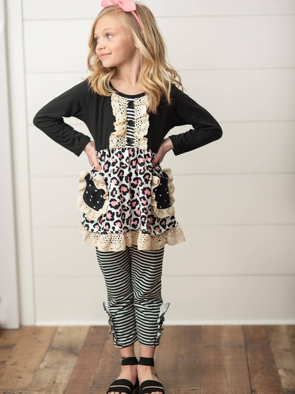 Girls Black & Pink Leopard Lace Trim Matching Set